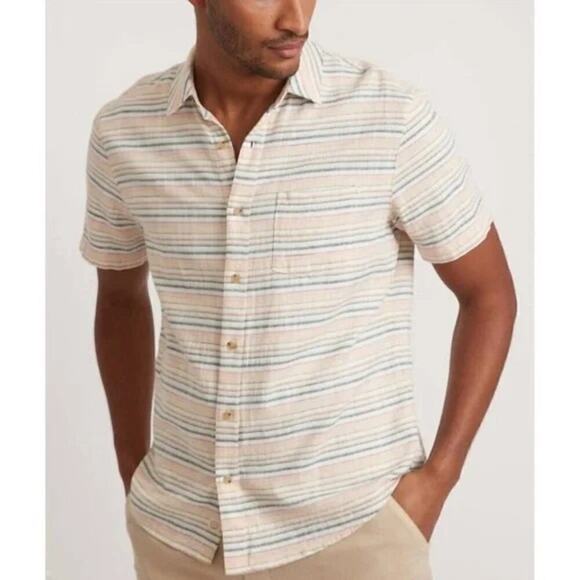 Marine Layer Selvage Shirt Short Sleeve 100% Cotton Red Yellow Blue Stripe NWT M